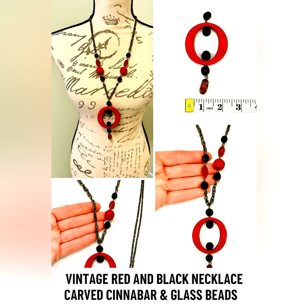 Vintage RARE COLLECTIBLE 1930s Cinnabar Pendant Necklace Carved & Glass Bead